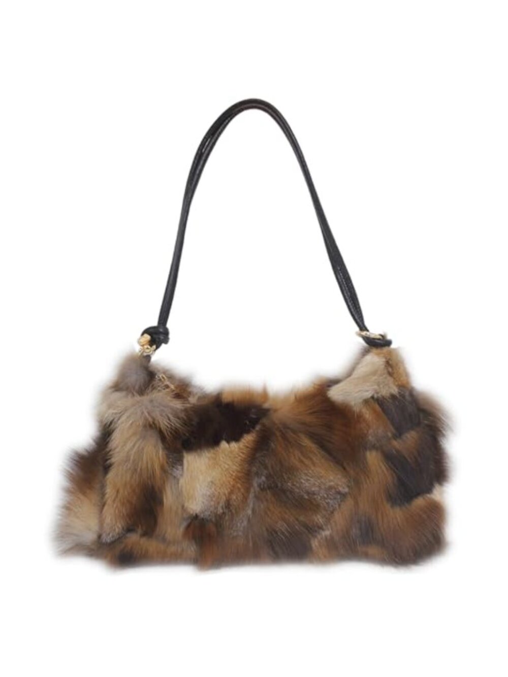 Genuine Fox Fur Hobo Bag with Leather Strap, Retro Pouch Shoulder Handbag
